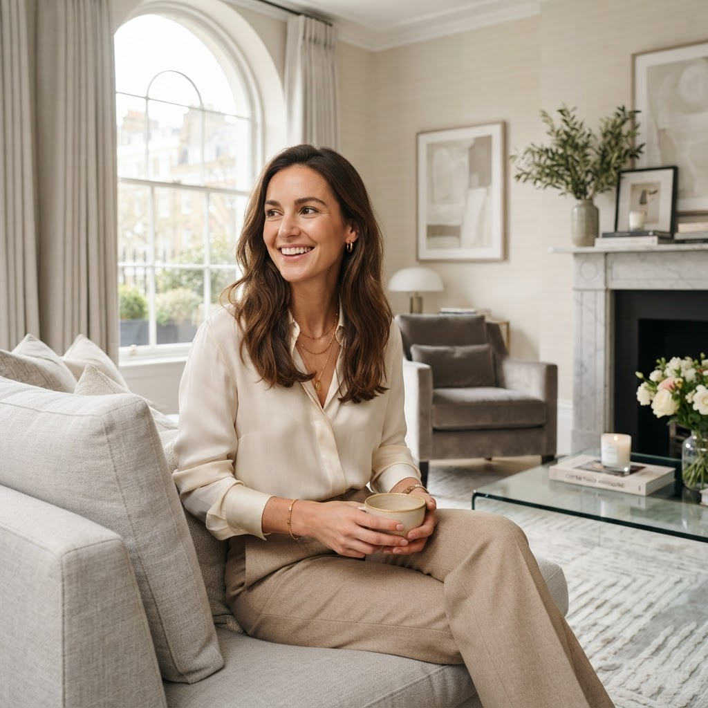An elegant woman smiling in a bright interior