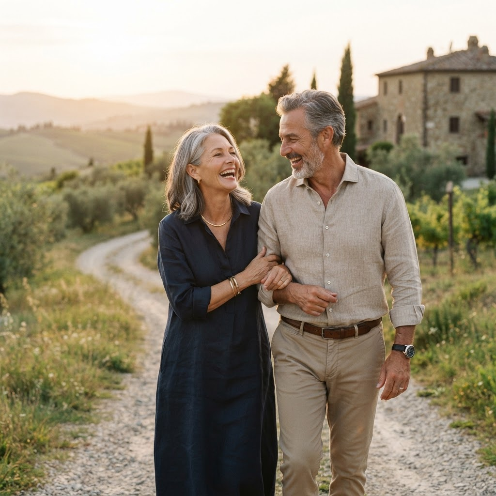 A happy couple laughing together